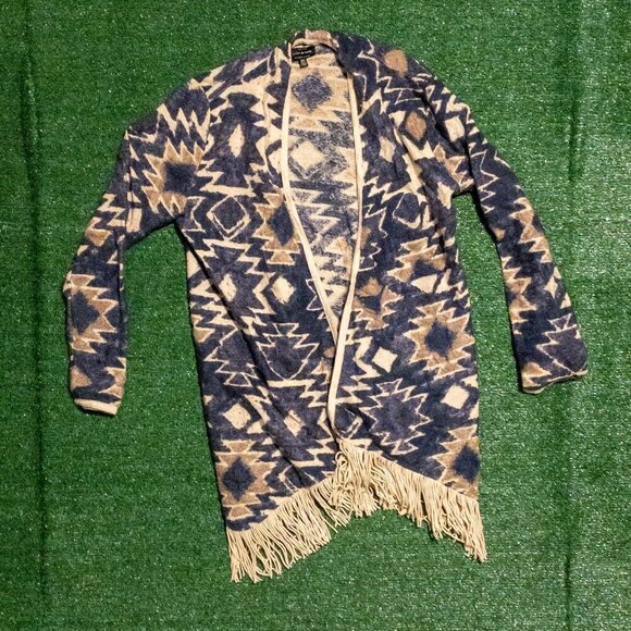 LUCKY BRAND WOMENS CADRIGAN SWEATER SOUTHWESTERN PRINT BLUE CREAM SIZE MEDIUM - Picture 1 of 4